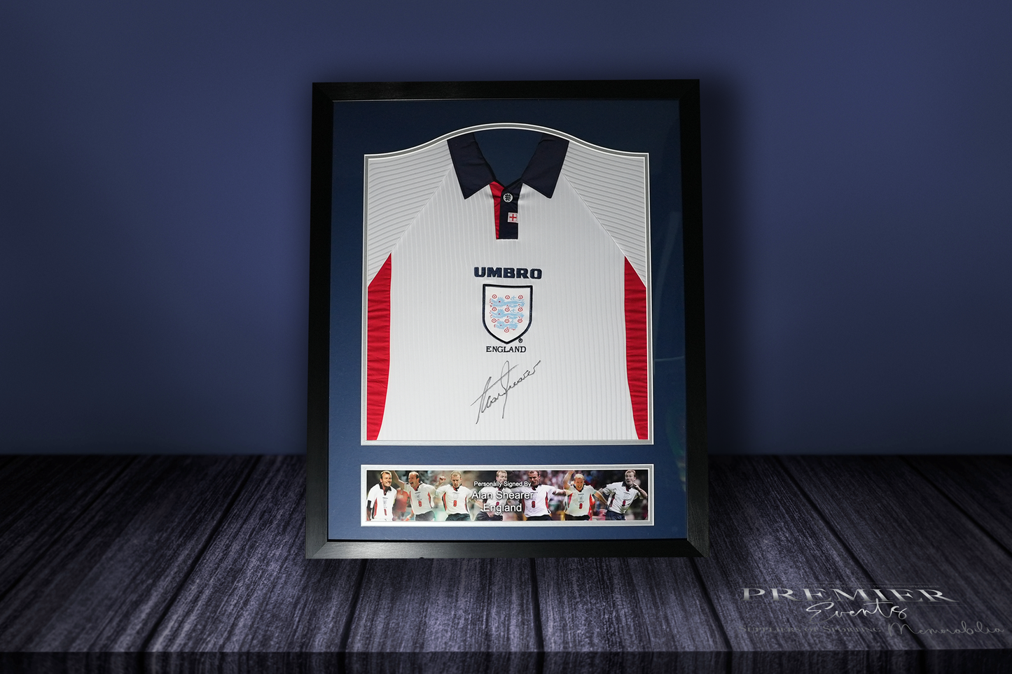 Alan Shearer Signed England Shirt – Framed Classic Umbro Design (Badge Centre, Red Stripes)